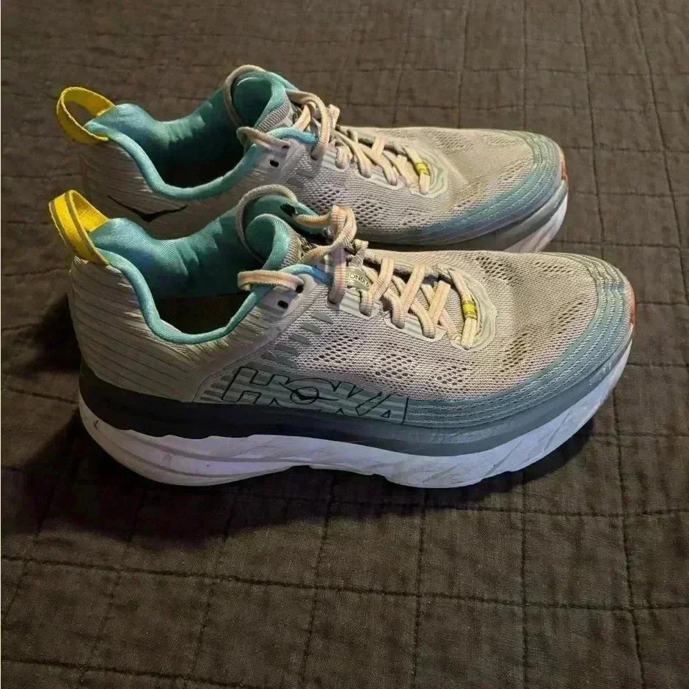 Hoka One One Bondi 6 Womens Running Shoes Grey Aqua Blue Yellow‎ Sneakers